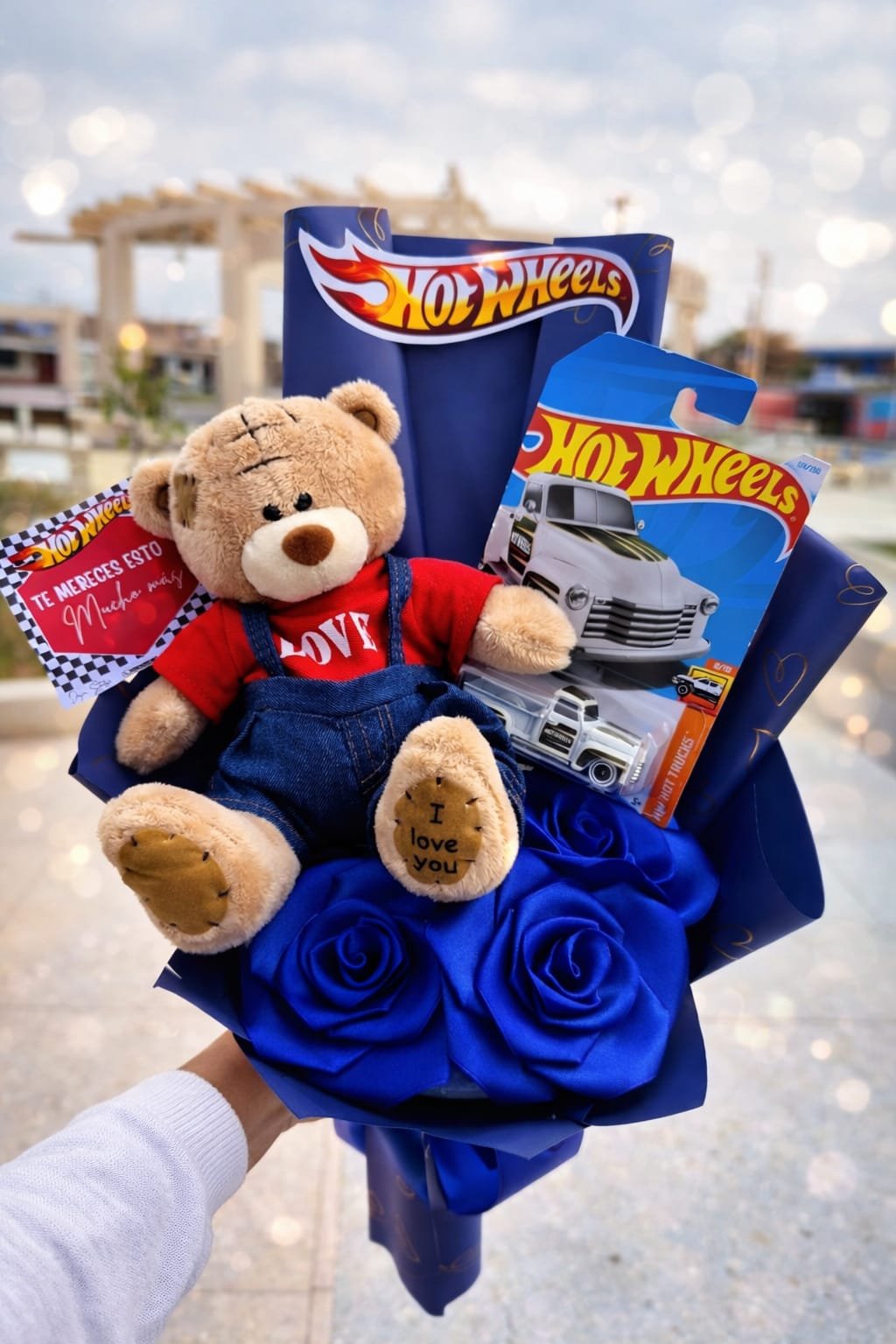 Satin Blue Rose Teddy & Truck Bouquet