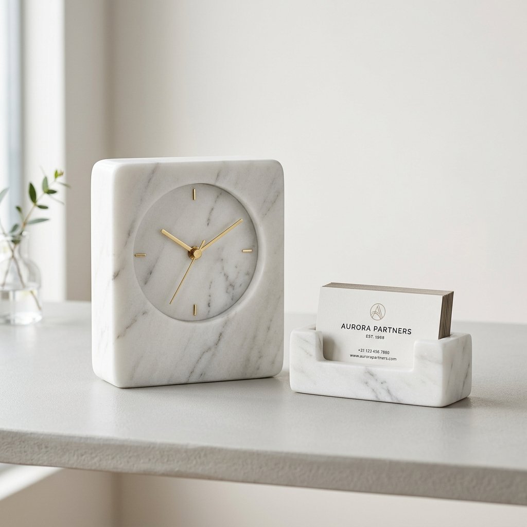 Makrana Marble Desk Clock & Card Holder Set