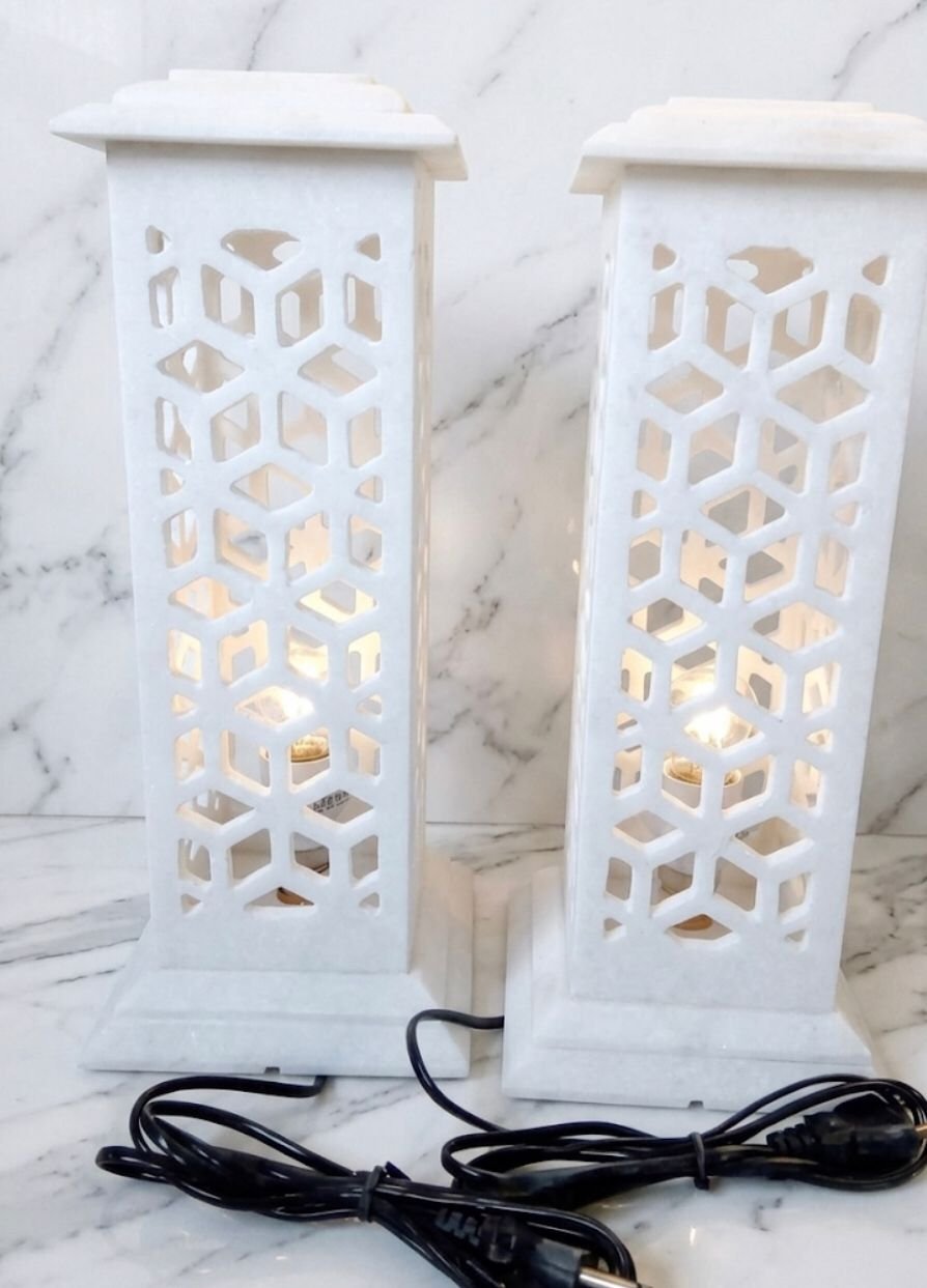 Taj Mahal Lattice Carved Marble Tower Lamps